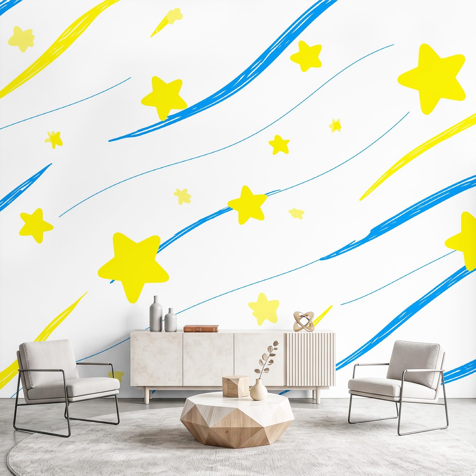 Tapeta mural panoramiczny 200 x 140 cm, minimalna dziecięca, jasna fototapeta do pokoju dziecięcego, pokoju gier, gwiazdy, niebieskie linie, prosta włóknina, okrycie pokoju, dekoracja, biała