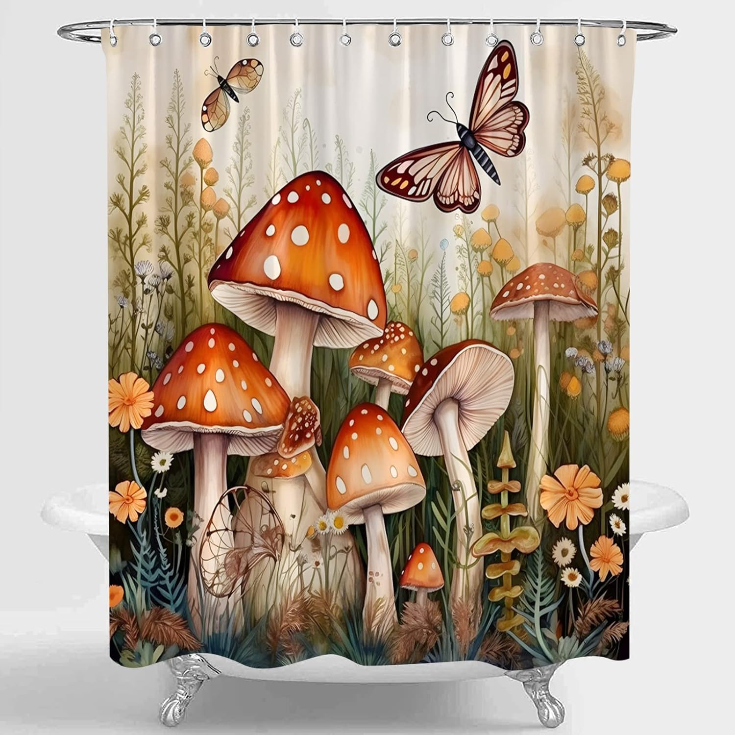 Red Mushroom Shower Curtain Magical Floral Sage Butterfly Nature Botanical Leaf Fabric Bathroom Decor Curtains with Hooks,82 x 70
