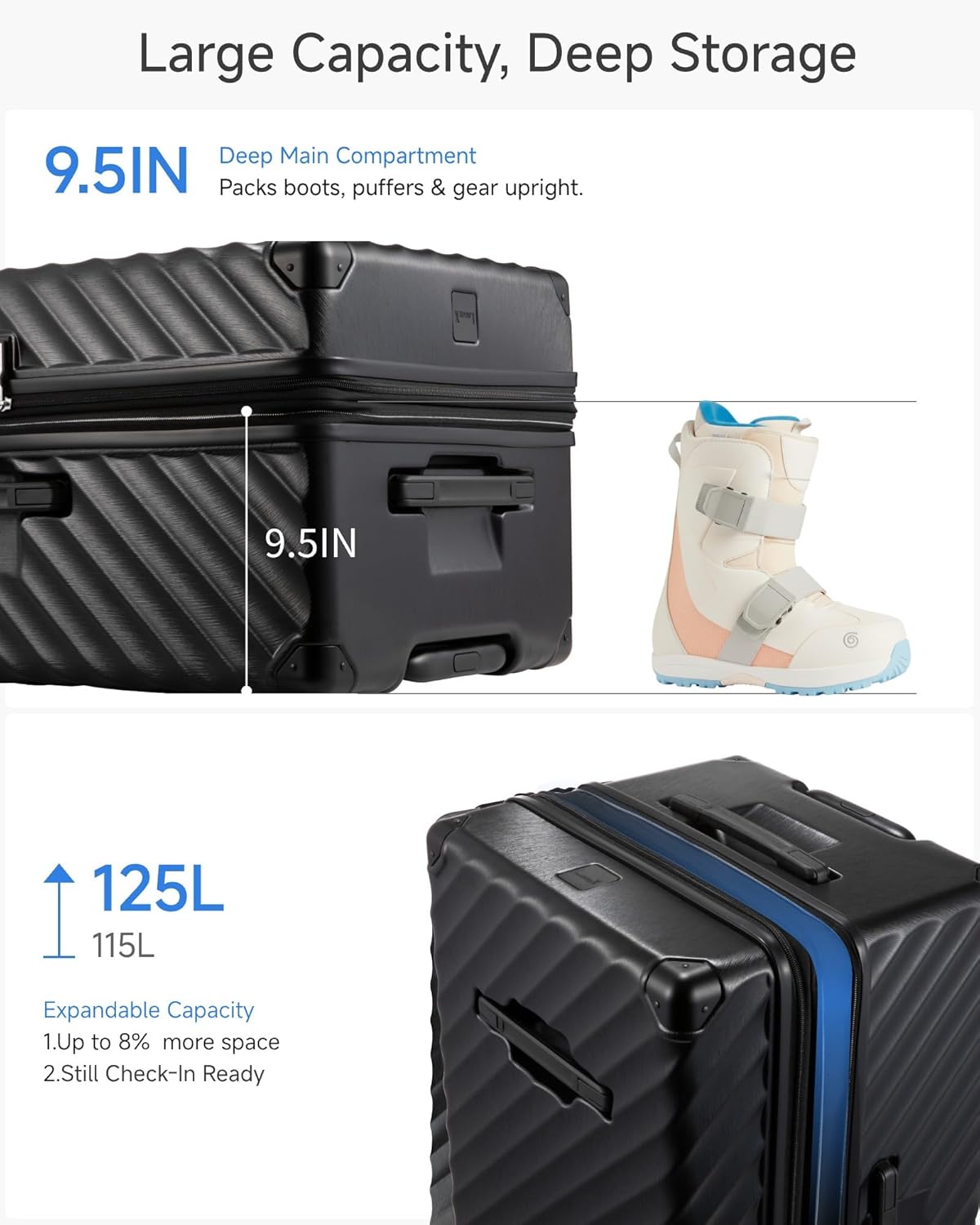 LUGGEX Trunk Luggage,KVT Expandable PC Hard Shell Large Checked 30 Inch Suitcase with Shock - Absorbing Wheels & TSA Lock(EX-Pro,Black,30 inch,115L - 125L)
