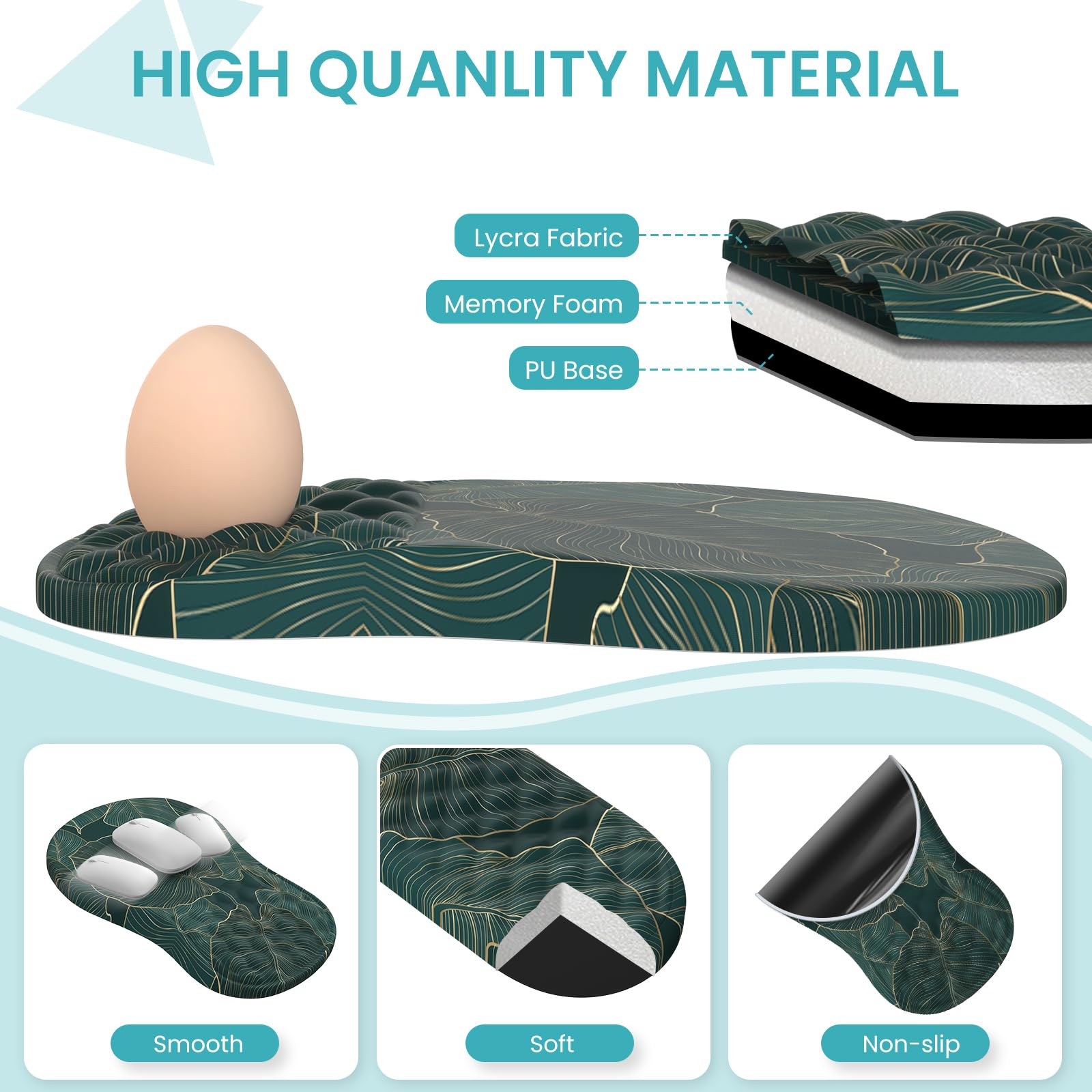 Sous-main 4 en 1 pour clavier et souris, tapis de souris ergonomique vert avec repose-poignet en mousse à mémoire de forme, grand sous-main, support de poignet doux pour clavier (feuilles de