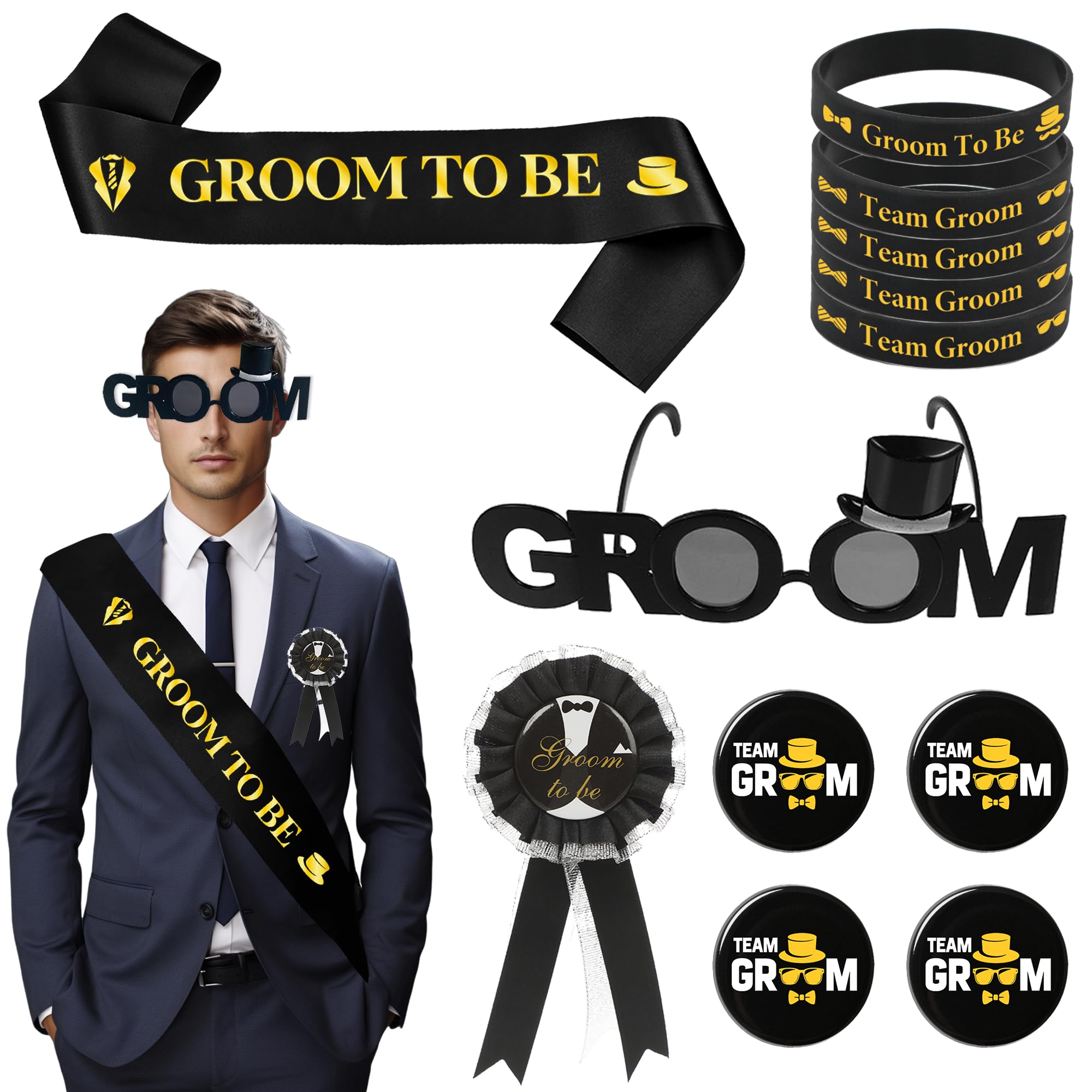 12pcs Stag Do Accessories Men - Black Gold Groom to Be Sash Badge Set with Glasses, Groom Team Silicone Bracelets and Button Badge for Engagement Wedding Party Supplies