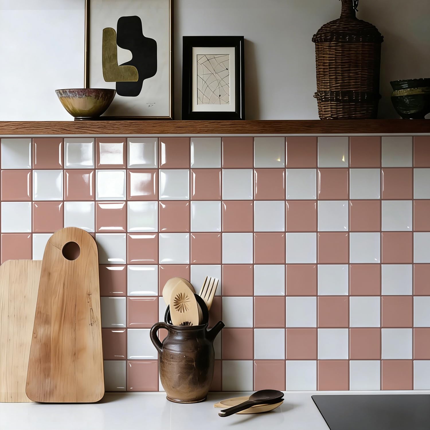 Alwayspon 30x30cmx10Pcs 3D Checkerboard Vinyl Peel and Stick Splashback Wall Tiles Sticker, Self-Adhesive Waterproof Tile Stickers Stick on Tiles for Kitchen Bathroom Wall, White Pink Brown