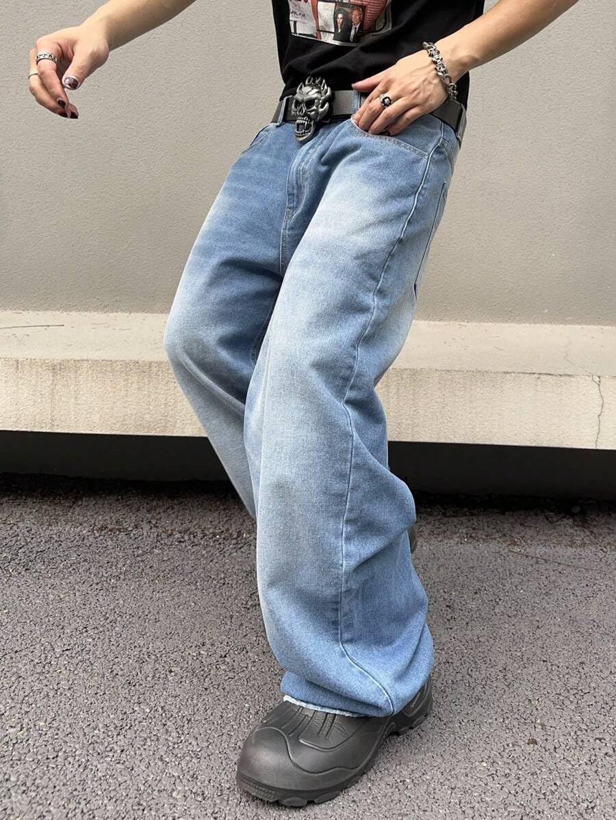 HUNGSON メンズ バギージーンズ メンズ レディース Y2k スケーター ヴィンテージ プレーンパンツ カジュアル ワイドレッ