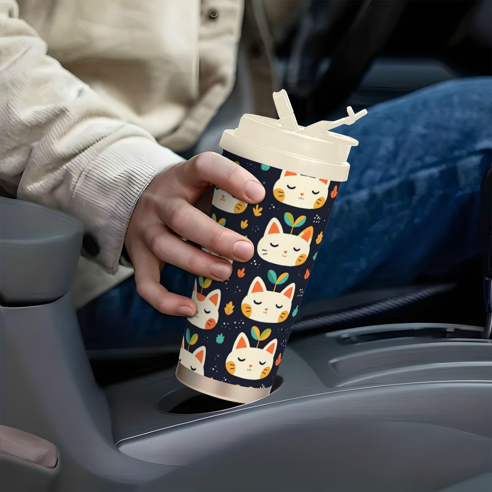 linqin Taza de café de viaje con cara de gato con hierba para mujer con tapas, taza térmica de acero inoxidable para frío y calor, 17 onzas, a prueba de fugas