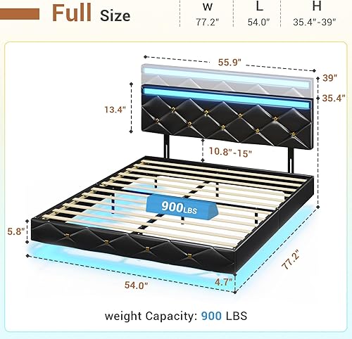 Miniatura 2 de Hasuit Base de cama matrimonial flotante con luces LED y estación de carga, plataforma moderna de tamaño matrimonial con cabecera tapizada de cuero