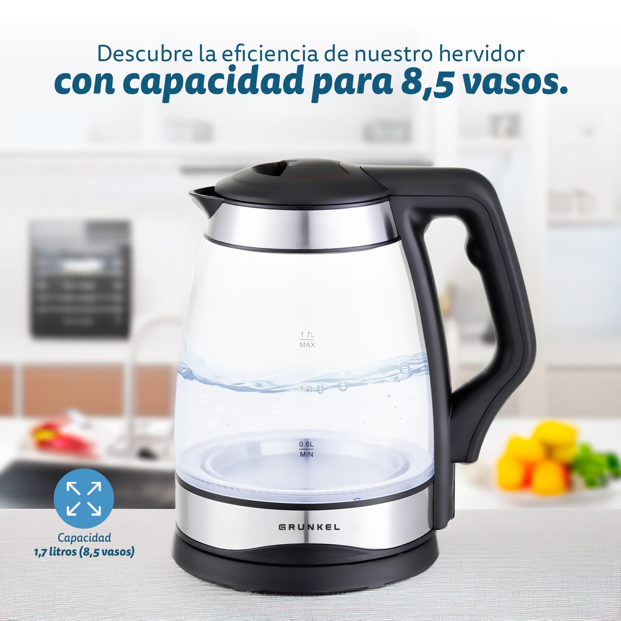 Grunkel - HV-16 CRISTAL - Hervidor Eléctrico de Agua, con Indicador de Acabado, con Potencia para Rápida Ebullición de Alta Velocidad, incluye un Filtro en boca. Libre de BPA - 1.7 Litros