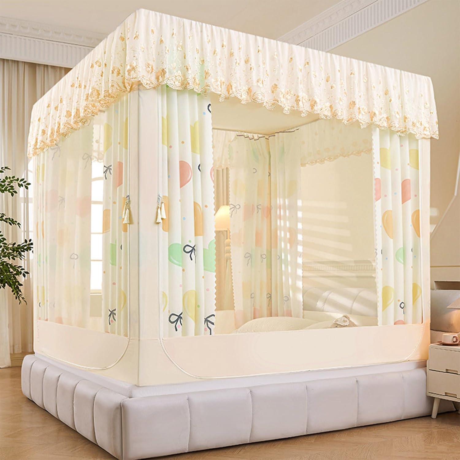 Bed Curtains Rainbow Bed Canopy - 4 Corner Post Princess Canopy Bed Curtains Princess Bed Canopy for Girls Kids - Bed Drapes Netting- for Bedroom Decoration