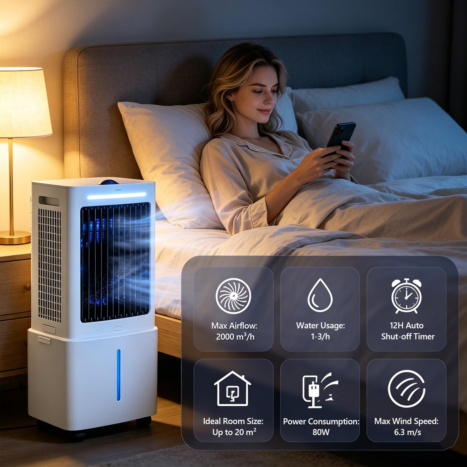 Enfriador de aire 25L con 2 bloques de hielo, 2000m³/h, 80W, 3 vel., 3 modos, mando, temporizador, oscilación, para 15-20m²