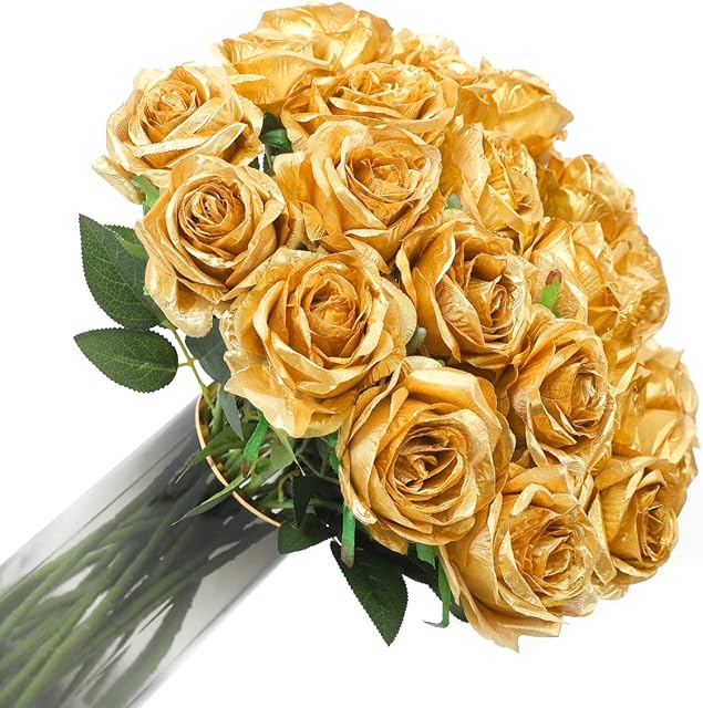 Veryhome 10 Pcs Artificial Roses Silk Flowers Fake Single Stem Blooming Rose Bridal Bouqets For Wedding Home Birthday Party Arrangment Garden Decoration (Gold)