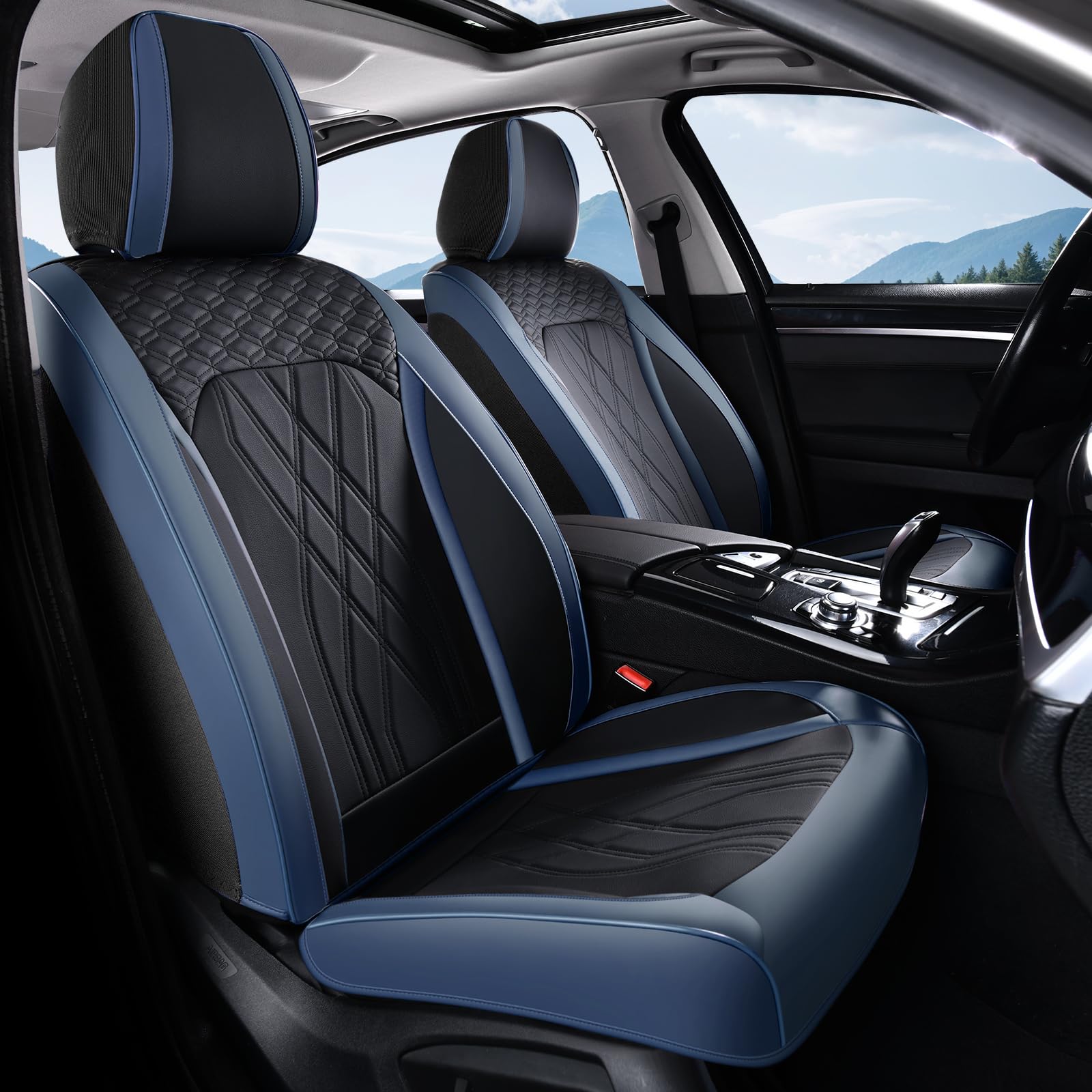 Leather Front Car Seat Covers Waterproof Durable Front Seat Protector for Cars Luxury Seat Cover Breathable Vehicle Seat Cushion Universal Fit for Most Car Truck SUV, Black&amp;Blue