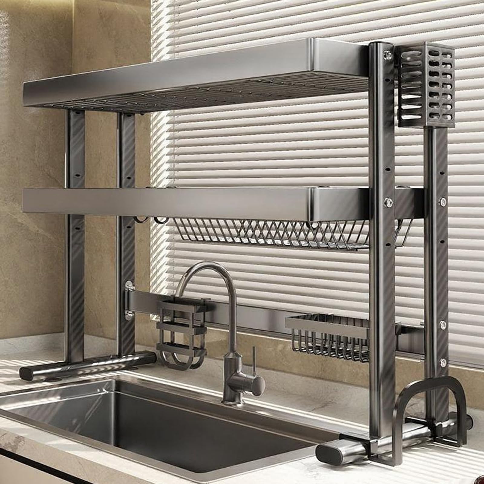 CAFIEDR Large Capacity Over The Sink Dish Drying Rack - 2-Tier Steel Dish Drainer * Utensil Holder - Multifunctional Kitchen Counter Organizer For Plates * Bowls.2tier-95cm/37.4in
