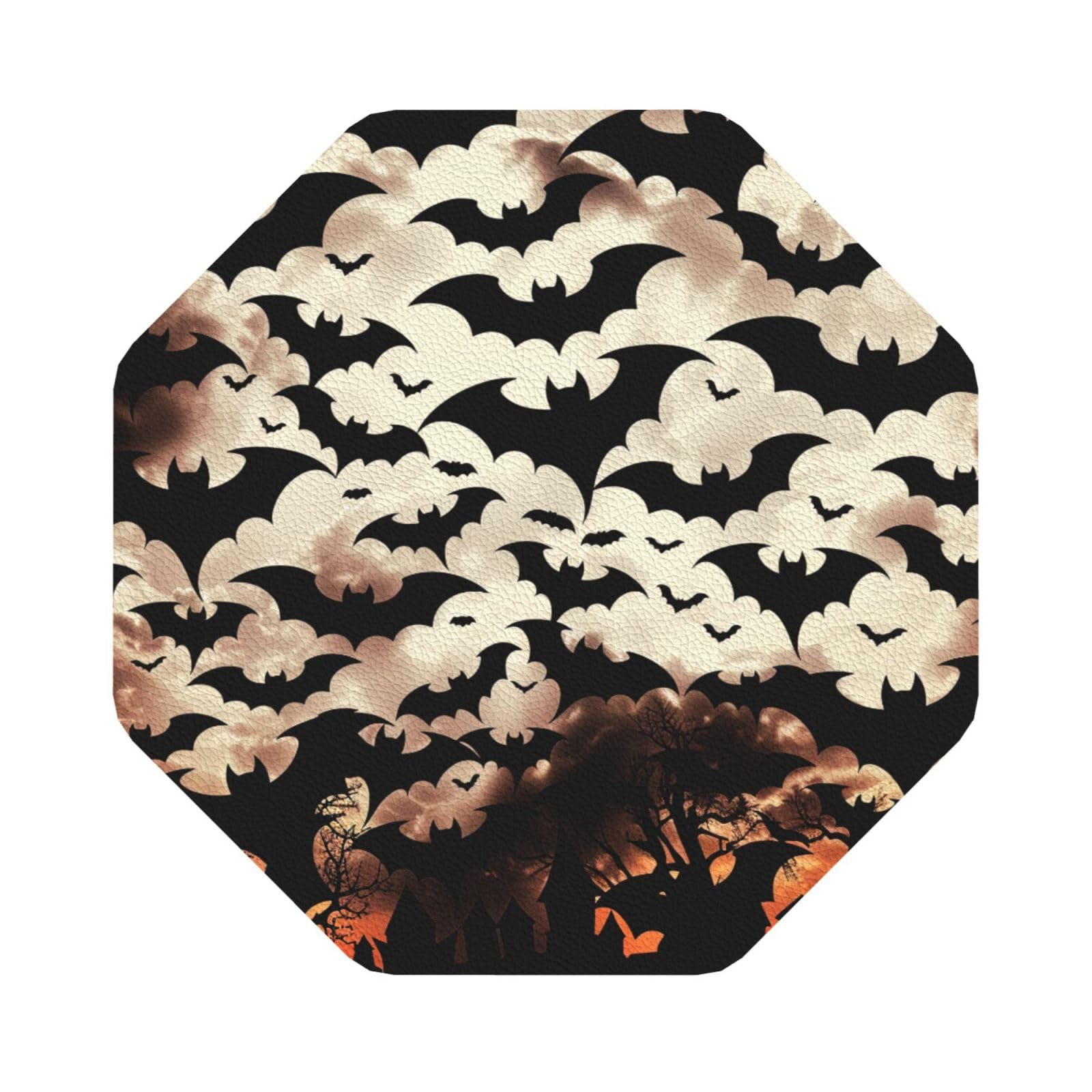 Halloween Flying Bats Print Leather Coaster Set of 6, Octagon Coasters Table Decorative Coffee Cup Beverage Coasters Wine Beer Bar Coasters for Hot Drinks Table Protection