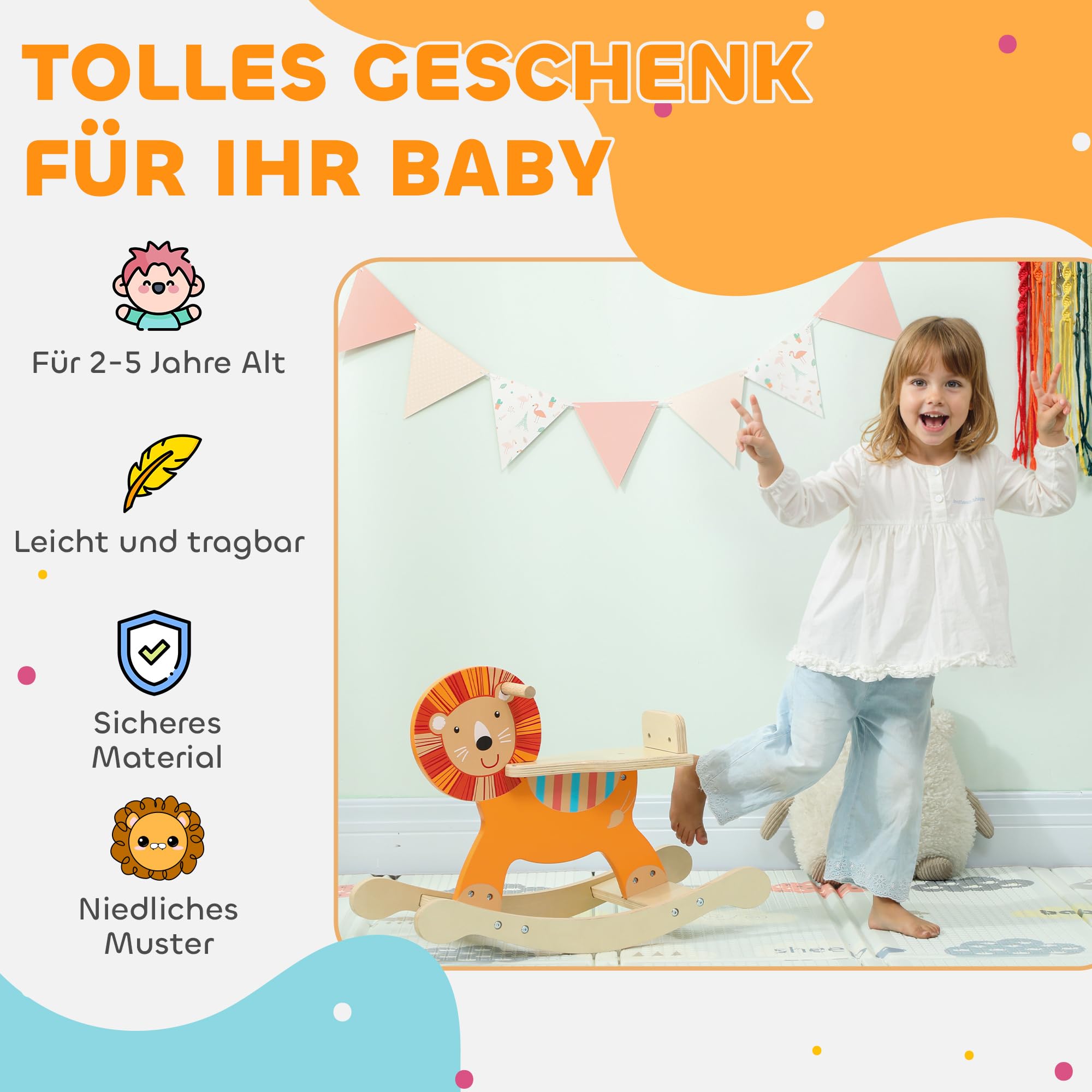 AIYAPLAY Schaukelpferd Holz, Kinder Schaukeltier mit Haltegriffen Schaukeltier Löwen für Kinder von 2-5 Jahren Orange