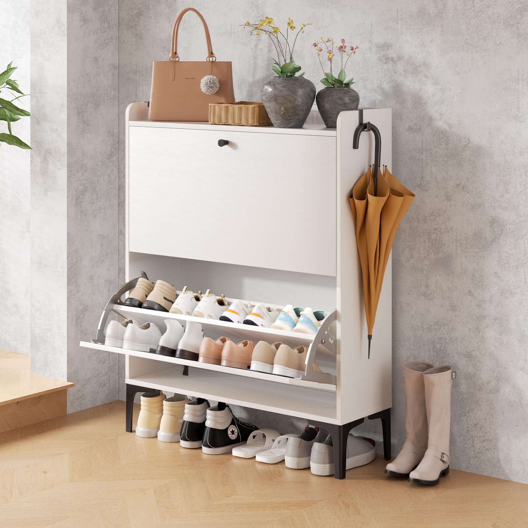 Dripex Schuhschrank schmal 80x24x100cm, Schuhregal mit 2 Klappen Metall | 80cm Schuhschrank schmal, Schuhkipper mit 2 Flip-Schubladen,Schuhregal schmal mit Metallfüßen für den Eingang, Flur