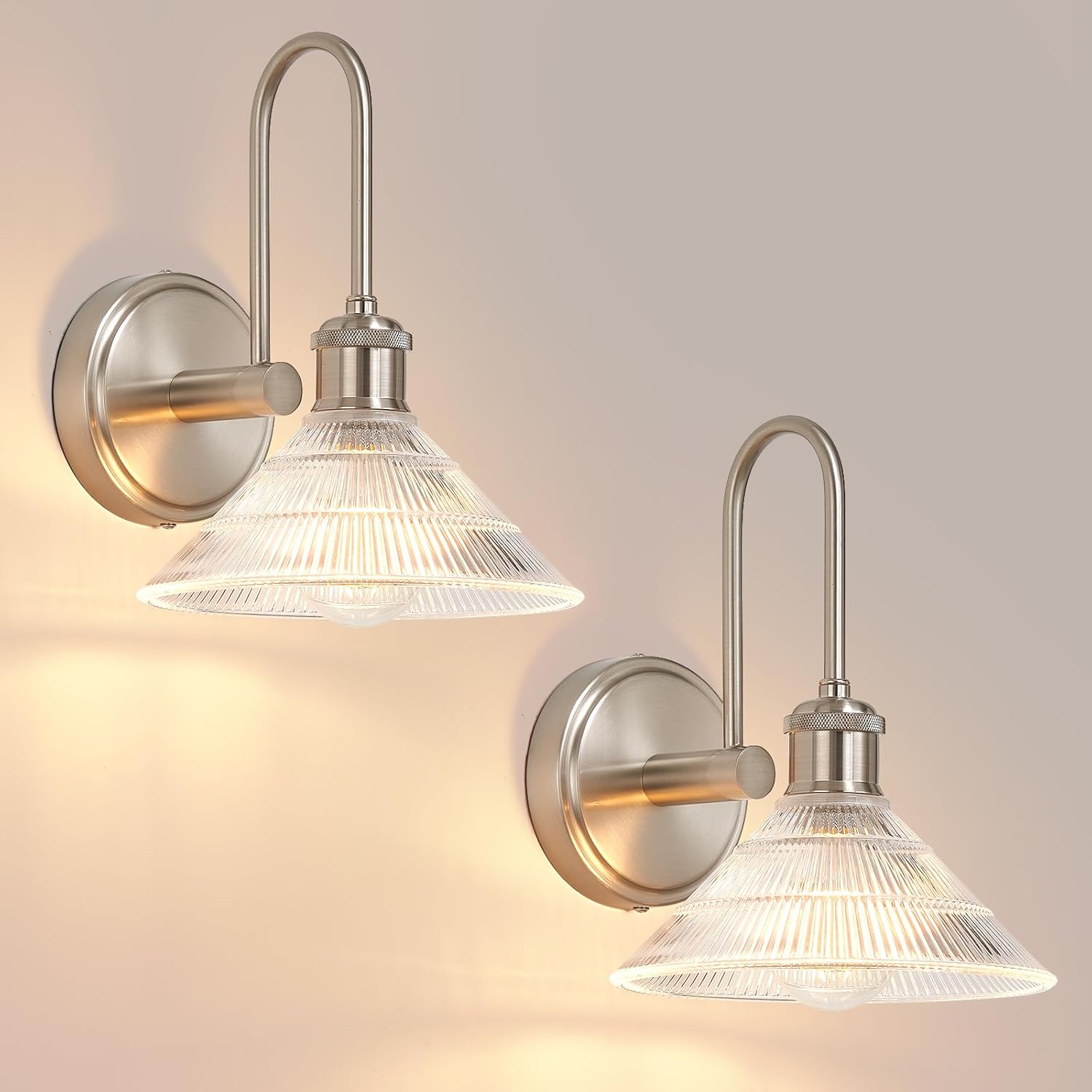 Wall Sconce Set of 2, Nickel Vintage Light Fixtures with Round Clear Glass Lampshade, Hardwired Sconces Wall Lighting for Bedroom, Bathroom, Living Room | Includes 2 LED Bulbs