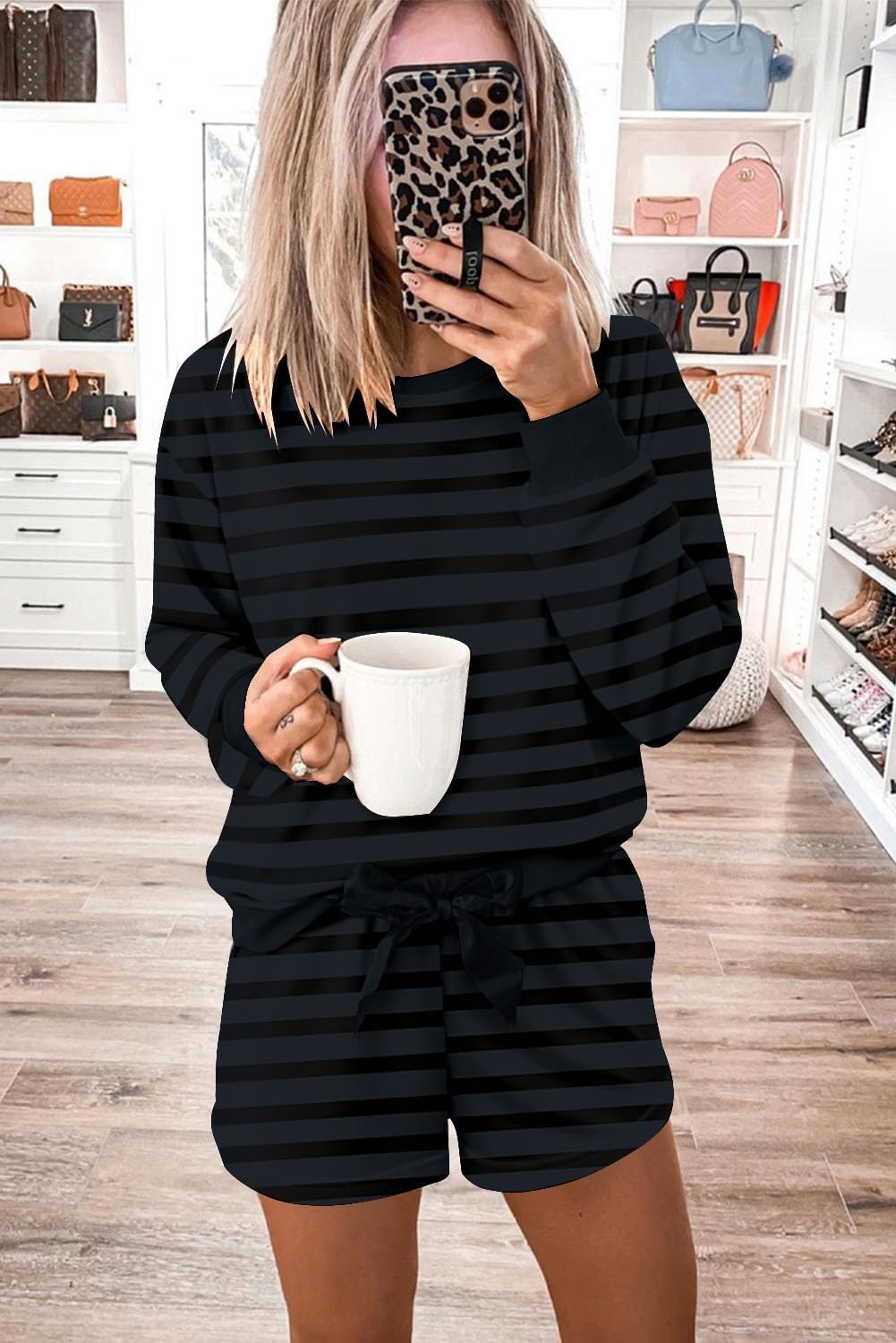 Ecosunny Womens 2 Piece Lounge Sets Round Neck Matching Sets Printed Long Sleeve Satin Tie Shorts Two Piece Set Sweatsuit