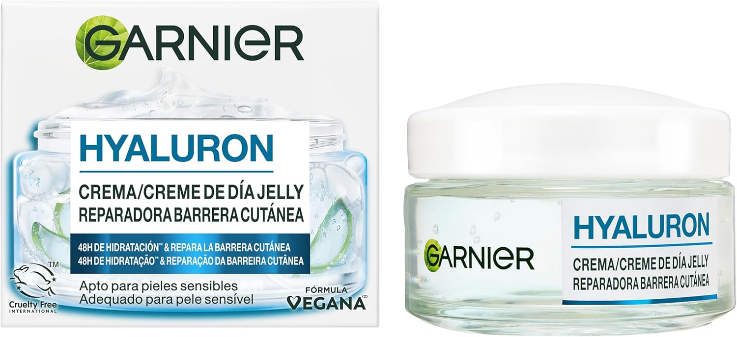Garnier Hyaluron Crema De Día Jelly Reparadora Barrera Cutánea Con 5% De [Glicerina + Alantoína + Aloe Vera + Ácido Hialuronico]. 48H De Hidratación. Apto Para Pieles Sensibles 50MlL
