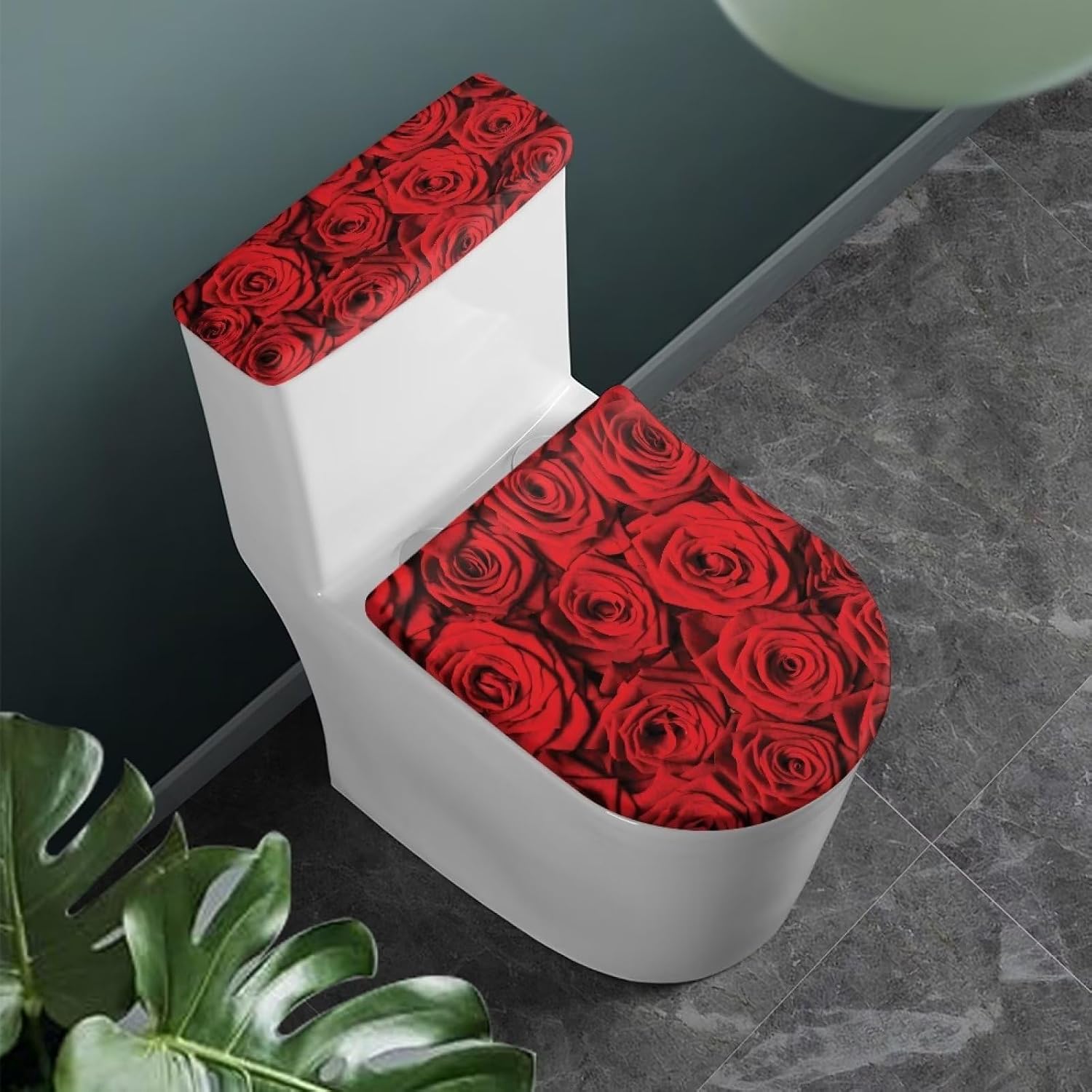Toilet Lid Cover Tank Lid Cover with Elastic Edge Stretchable Toilet Seat Covers for Bathroom Fit Most Round and Elongated Oval Toilet Bathroom Home Decor(Red Rose)