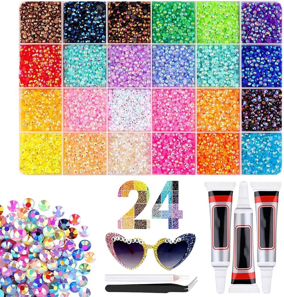 Resin Jelly Rhinestones Kit for Bedazzling - 32 000pcs 3mm DIY Bulk Resin Gems Set with 3 Glues Pickup Pen & Tweezers for Crafting Nail Art Tumblers Shoes and Clothing Embellishments (24)