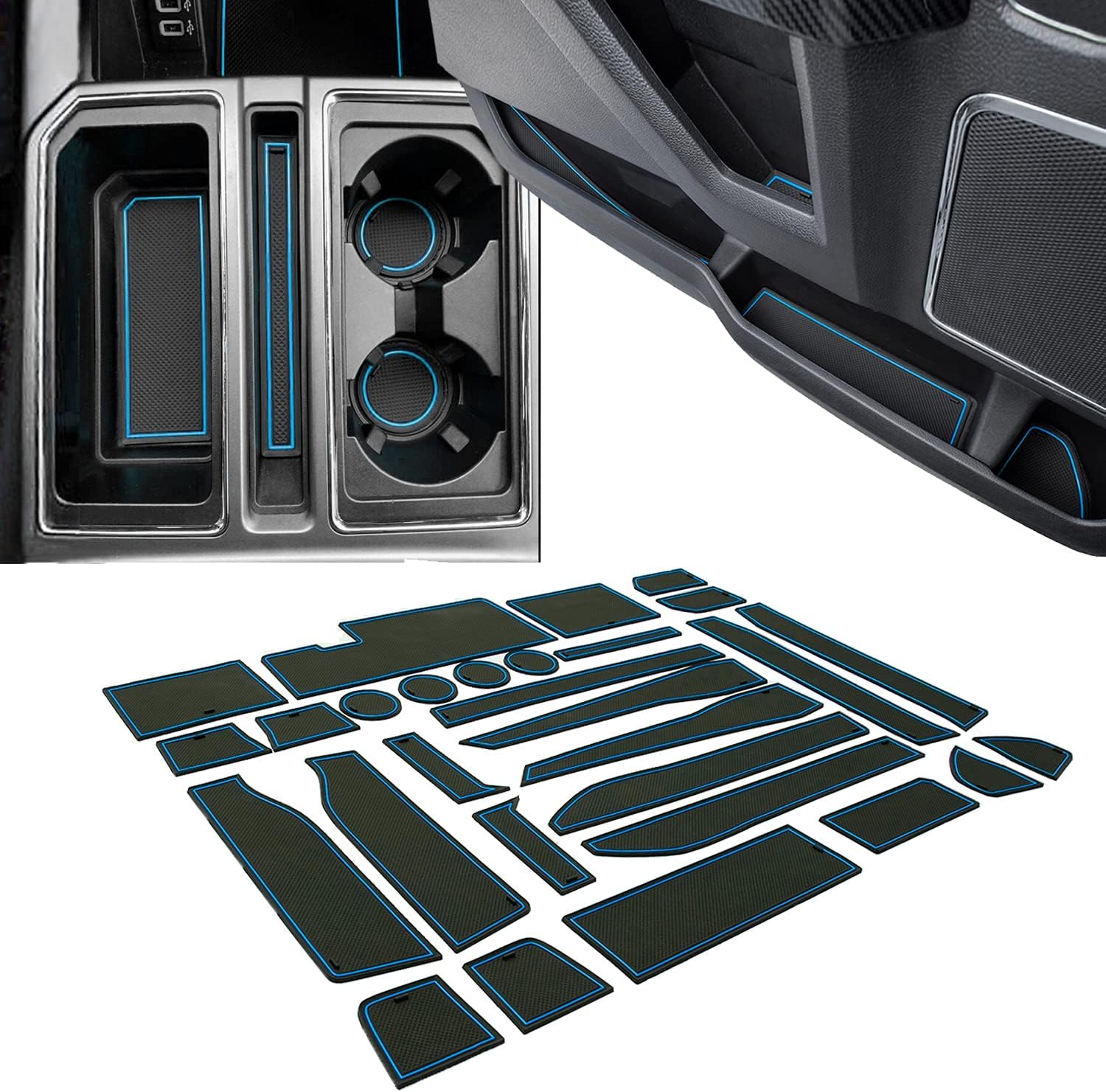 JDMCAR Liner Accessories Compatible with Ford F150 2015 2016 2017 2018 2019 2020 Premium Cup Holder, Center Console, and Door Pockets Rubber Inserts Kit (Bucket Super Crew) (Blue Trim)