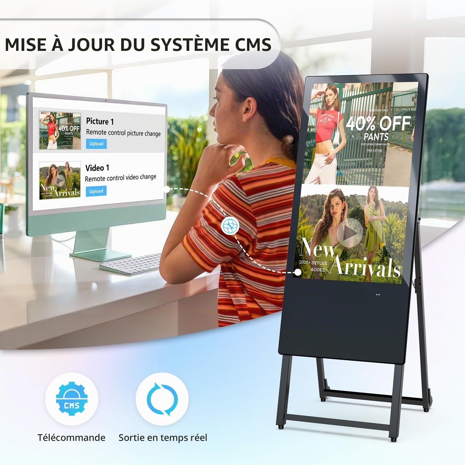 MWE 32 Pouces Intérieur Écran Publicitaire, avec 4 Rouleaux, Écran d'affichage Portable, Convient aux Centres Commerciaux, Restaurants, Hôtels, Présentoirs de Produits