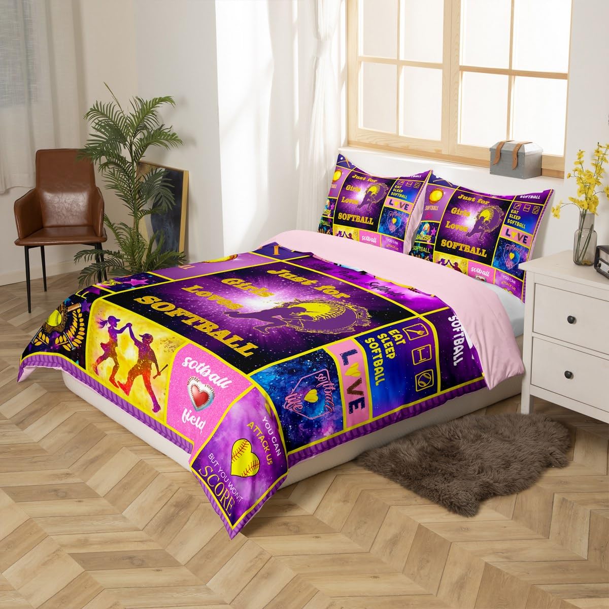 Homewish Funda de edredón de softball tamaño King, funda de edredón de retazos morados para niños, adolescentes y adultos, juego de ropa de cama deportiva de sóftbol para niñas y niños, juego de cama