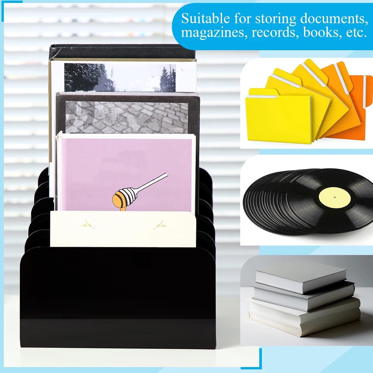 Chunful Acrylic Desk Organizer, 5 Section Desk File Holder Sorter Stand Rack Vertical Organizer Desktop Vinyl Storage Display for Record Album Book Magazine Document Home Office(Black)