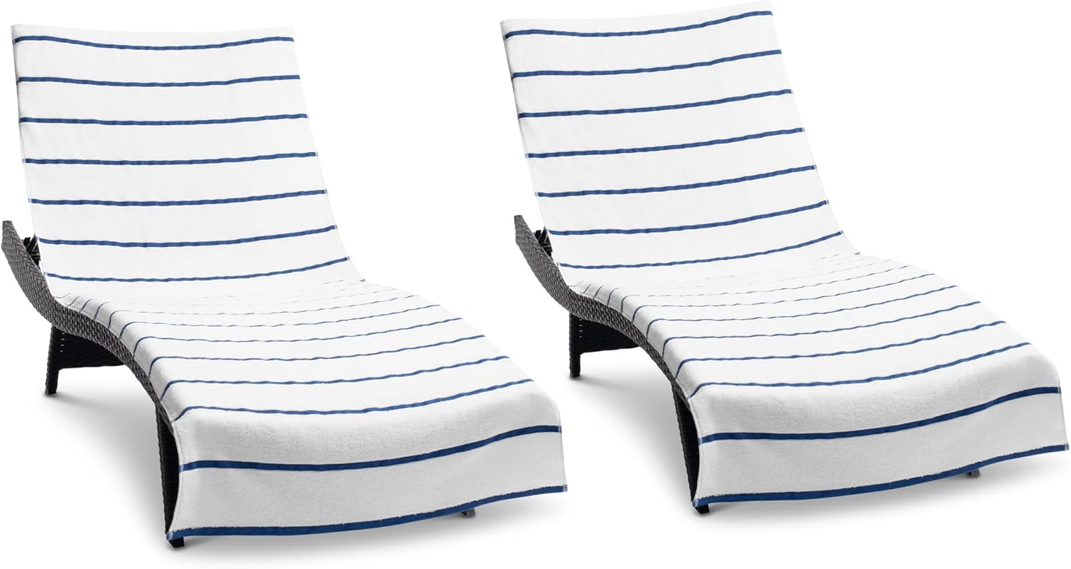 Arkwright Las Rayas Chaise Lounge Cover Towel with Pocket - Pack of 2 - Striped 100% Cotton Cabana Cover for Beach Pool Outdoor Chairs, 30 x 85 in, White/Green