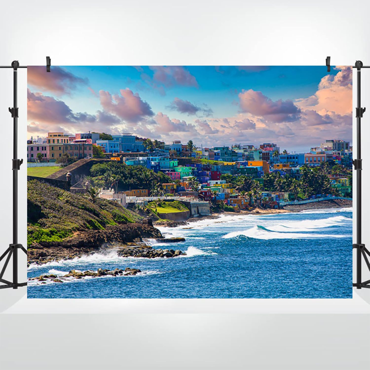 3x2.5m tło urodzinowe San Juan Coast Puerto Rico kolorowe budynki kolonialne, turkusowy ocean skalisty brzeg zachód słońca, motyw karaibski wakacje, akcesoria do studia fotograficznego