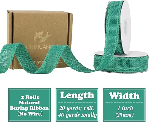 Miniatura 2 de HUIHUANG Cinta de arpillera turquesa de 1 pulgada x 20 yardas, cinta de arpillera de yute natural para envolver regalos, cintas de arpillera gruesas