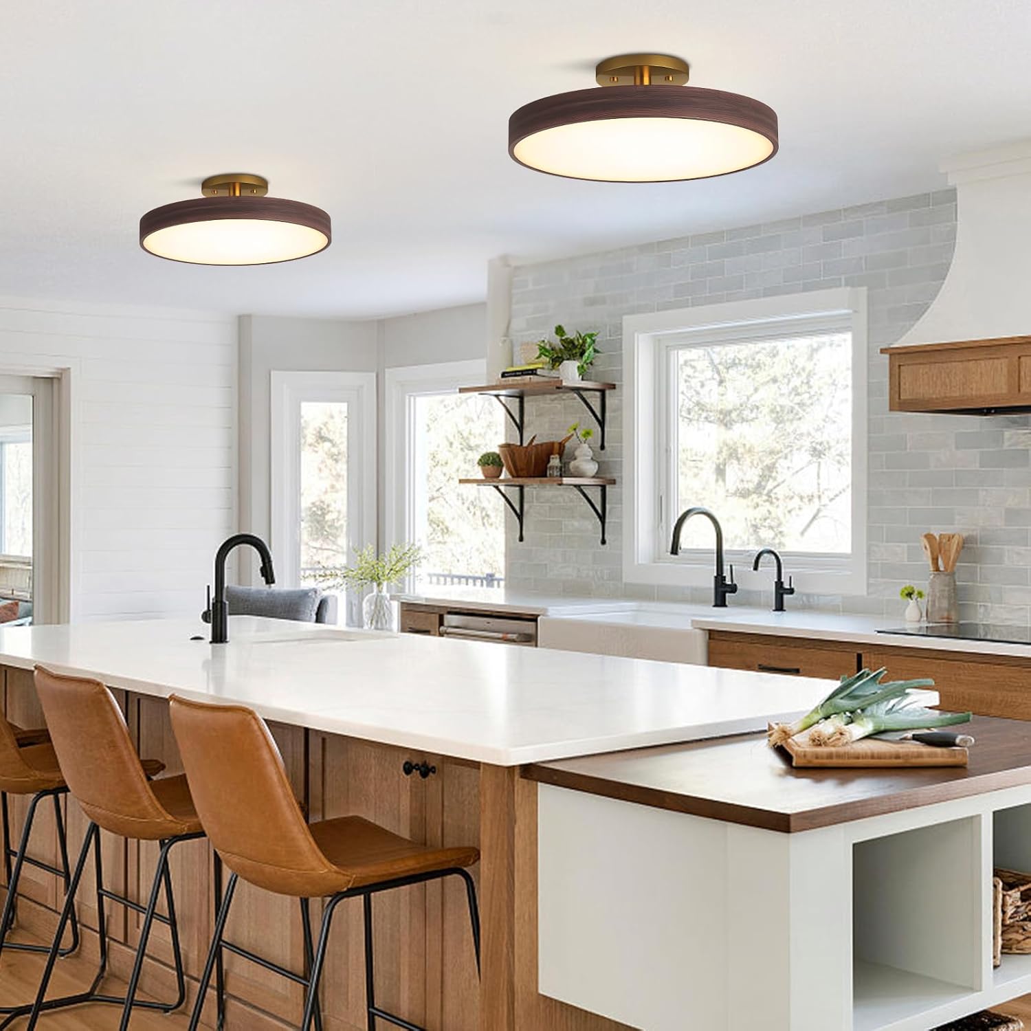 Semi Flush Mounted Ceiling Lamp, 19.7" Modern Close to Ceiling Light Fixture Vintage Ceiling Lamp Minimalist Wood Grain LED Ceiling Light Walnut Colored LED Ceiling Light
