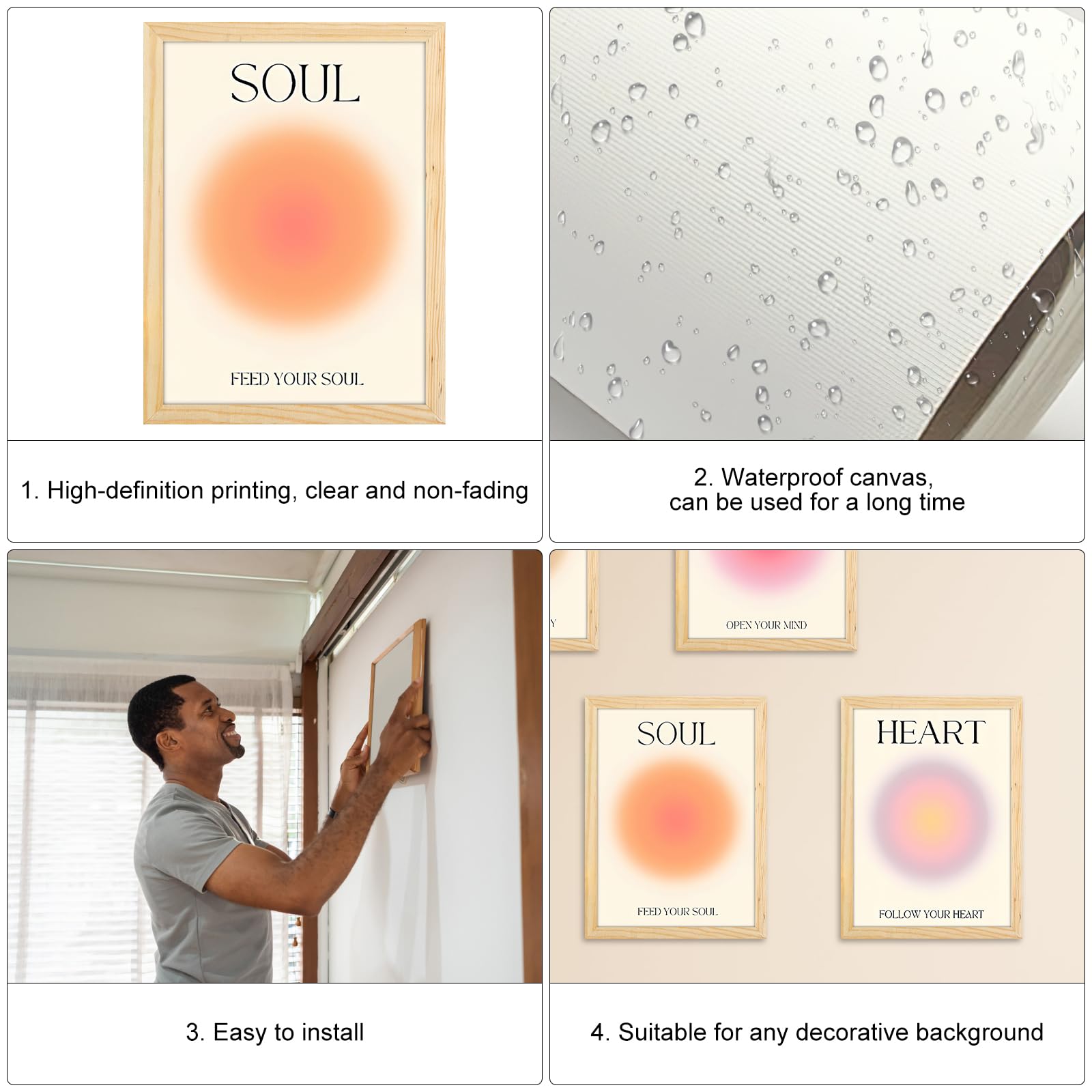 Set Di 4 Poster Aura Da Parete, Stampe Su Tela Con Angeli E Colori Astratti Per Decorazione Casa, Senza Cornice (20x25 Cm, Stile Body Mind Soul)