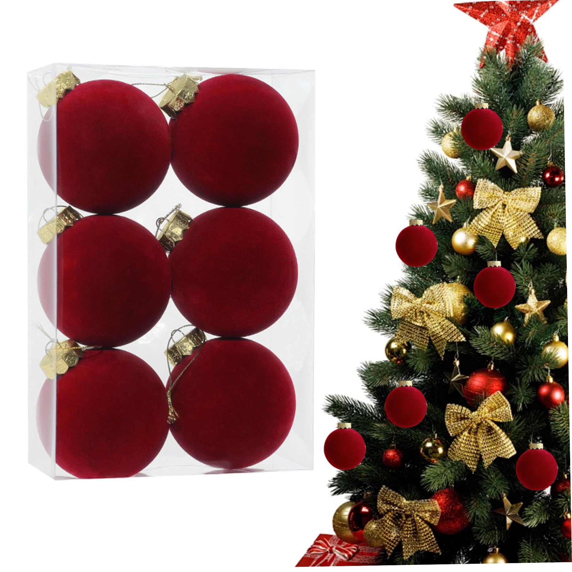 Ornements de Noël en velours 3 pouces boule de Noël floquée rouge incassable 6pcs
