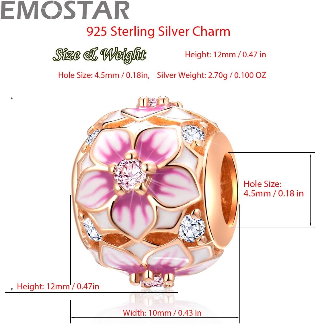Flowers and Clover Charms fits European Valentiens Bracelet, Rose Gold Magnolia Rose Flower Charm, Shamrock,Sparkling Snowflake, Daisy Cherry Blossom in 925 Sterling Silver, Gifts for St Patrick's Day