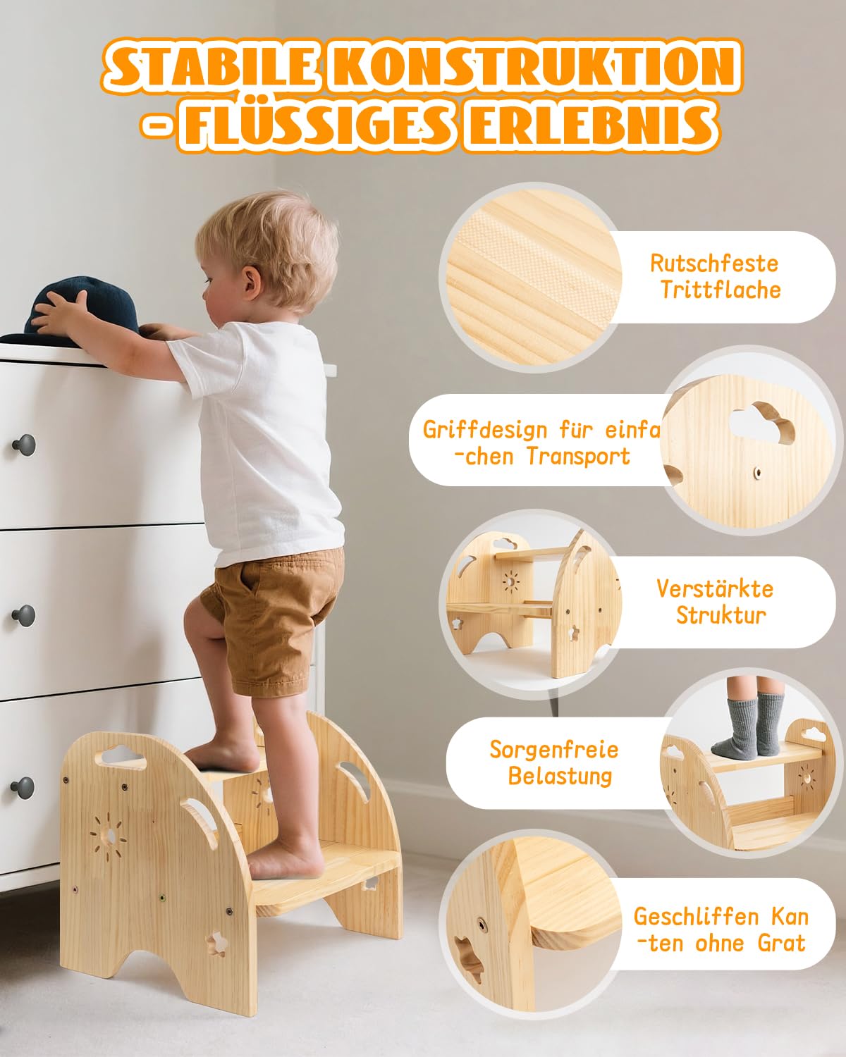 Tritthocker Kinder Holz 2 Stufen – Rutschfester Kinderhocker mit Griff – 80kg Belastbarkeit für Küche & Bad ab 3 Jahren