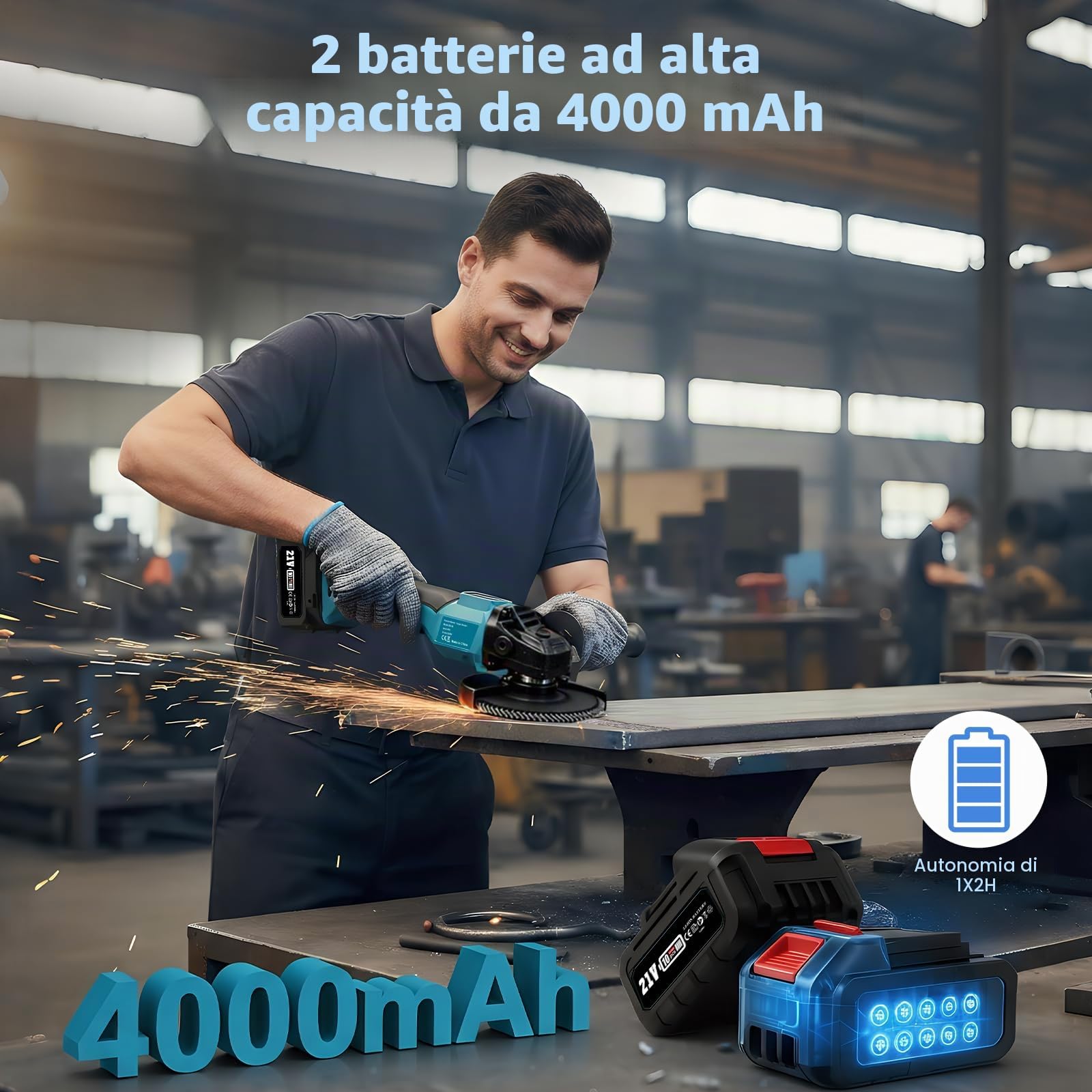 Smerigliatrice angolare a batteria Trsaow con 2 batterie da 4000 mAh, motore brushless da 800 W, 3 velocità e display LCD, 3 dischi abrasivi per metallo, pietra