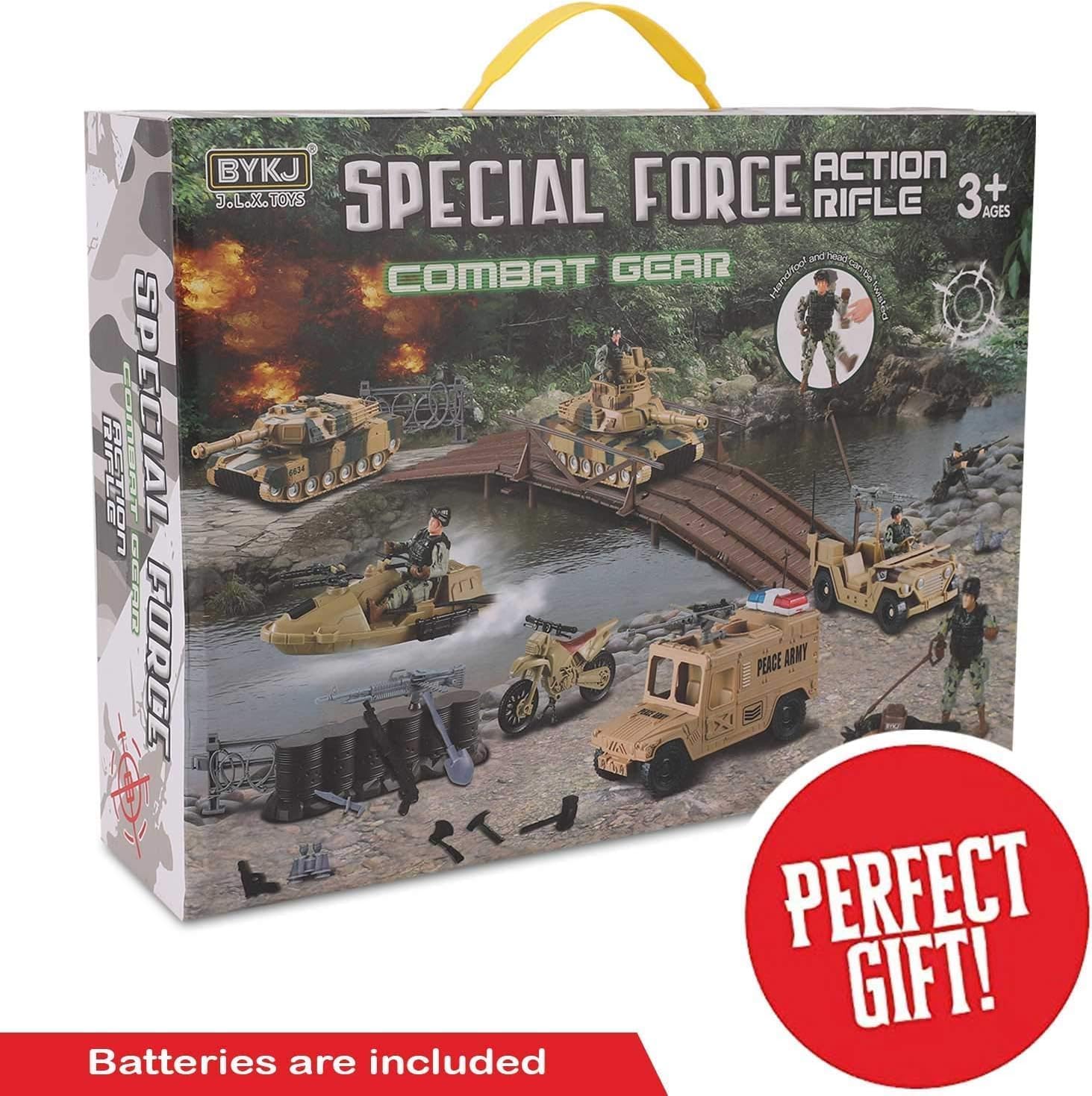Liberty Imports 42 PCS Military Base Toy Combat Zone Playset - Battle Site with Tanks, Boat, Motorcycle, Trucks, Army Men Soldier Action Figures, Weapons, and Accessories for Kids
