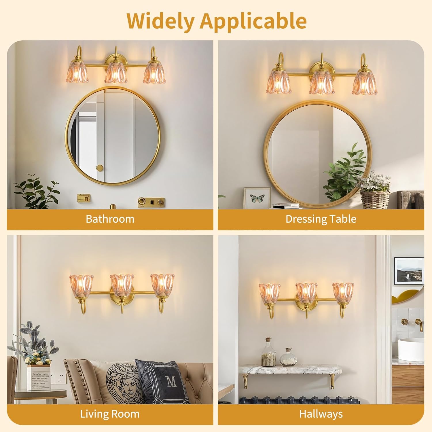 Bathroom Light Fixtures (3-Light), Vintage Brushed Gold Vanity Lights for Bathroom with Amber Tulip Crystal Glass Shade, Vanity Wall Light Over Mirror for Bedroom Living Room Hallway
