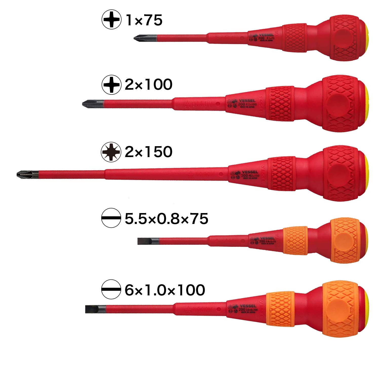 VESSEL Destornillador BALL GRIP VDE (aislados) Pozidrive/Plato, juego de 5 piezas