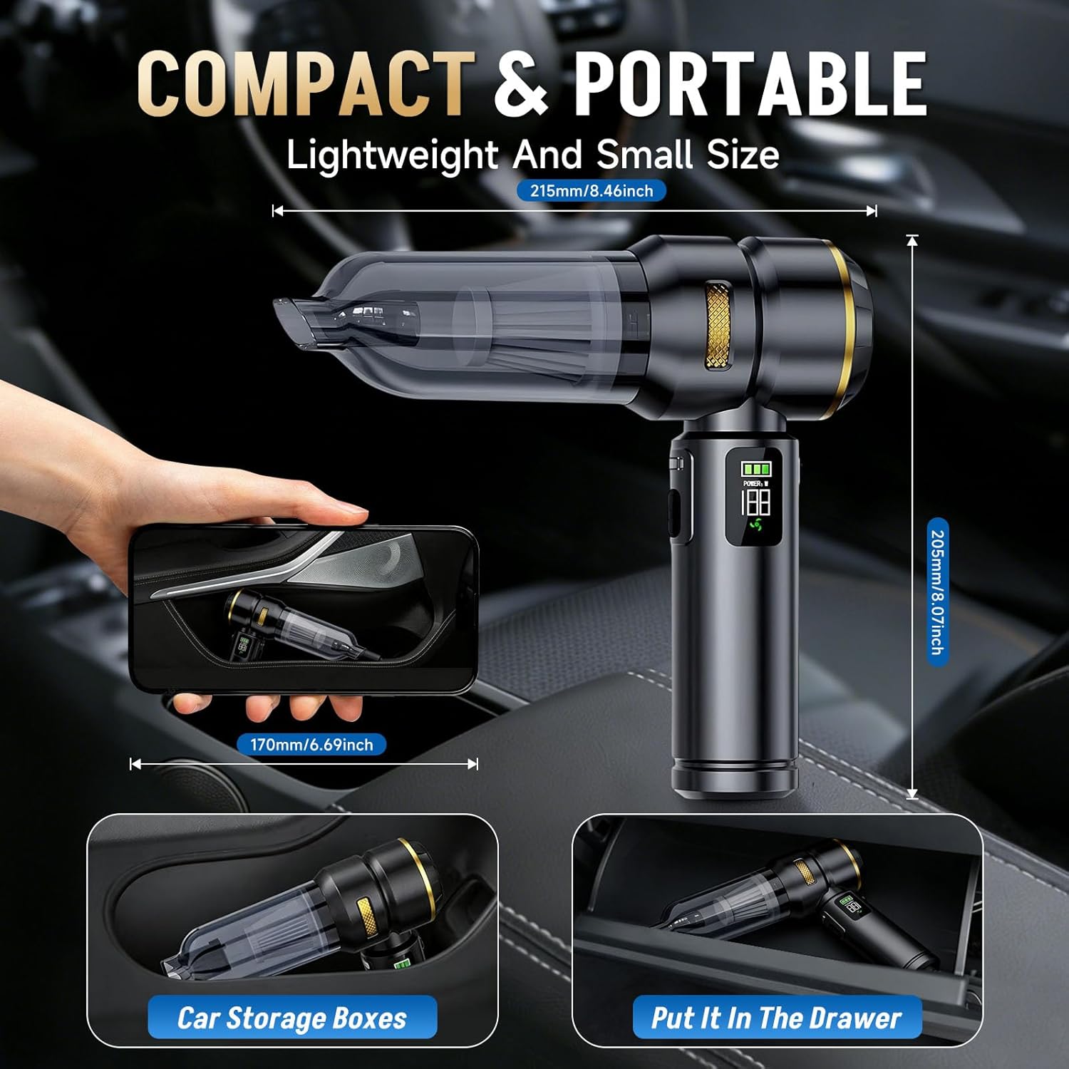 Handheld Vacuum Cleaner, 17000PA High Power Car Vacuum Cordless, Brushless Motor with Digital Display and One Touch Dust Removal, Type-C Charging for Office Desk Home Kitchen Car Pet Hair