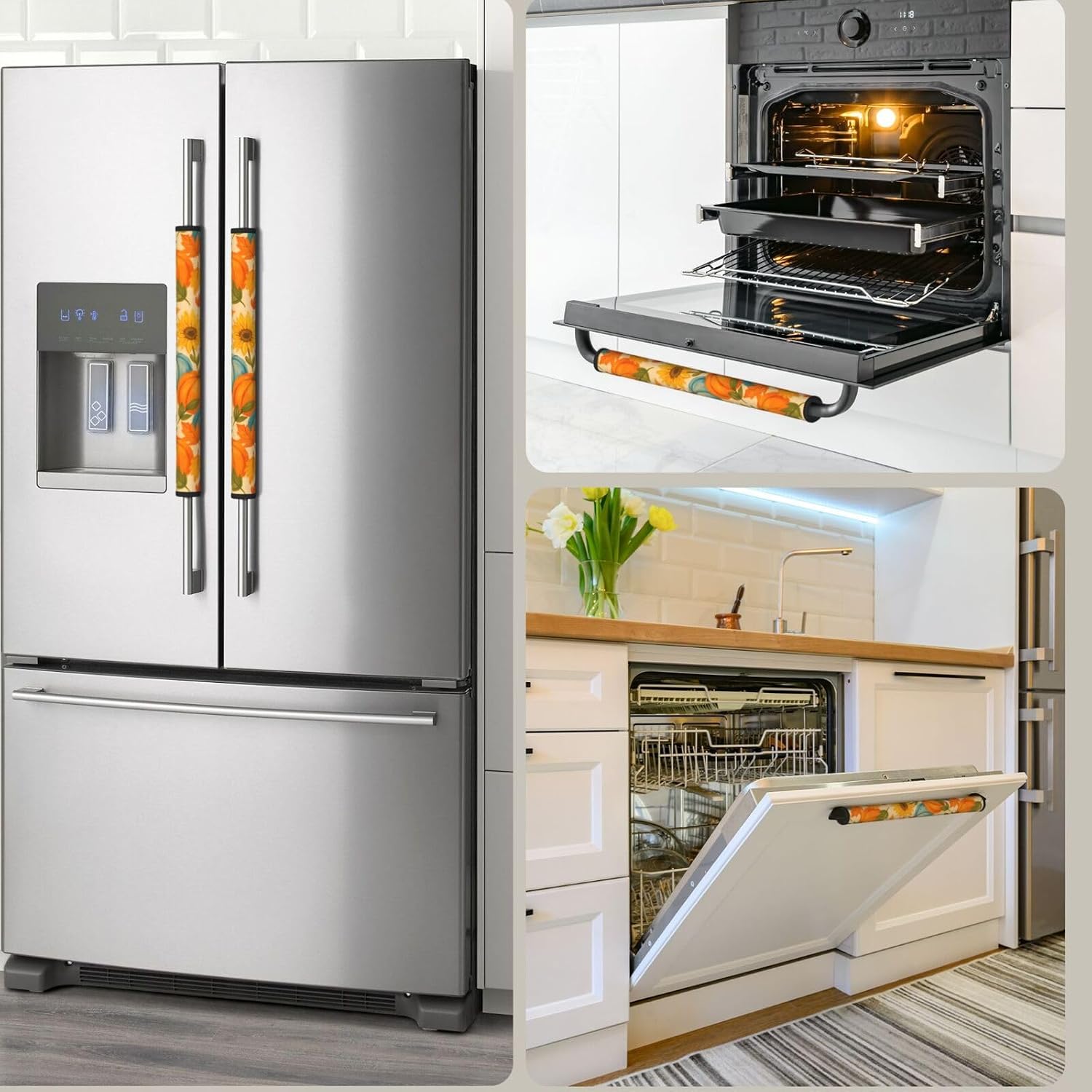Fall Refrigerator Handle Covers Thanksgiving Orange Blue Pumpkin Yellow Sunflower Leaf Fridge Handle Covers Set of 2 Refrigerator Door Handle Covers for Kitchen Oven Dishwasher
