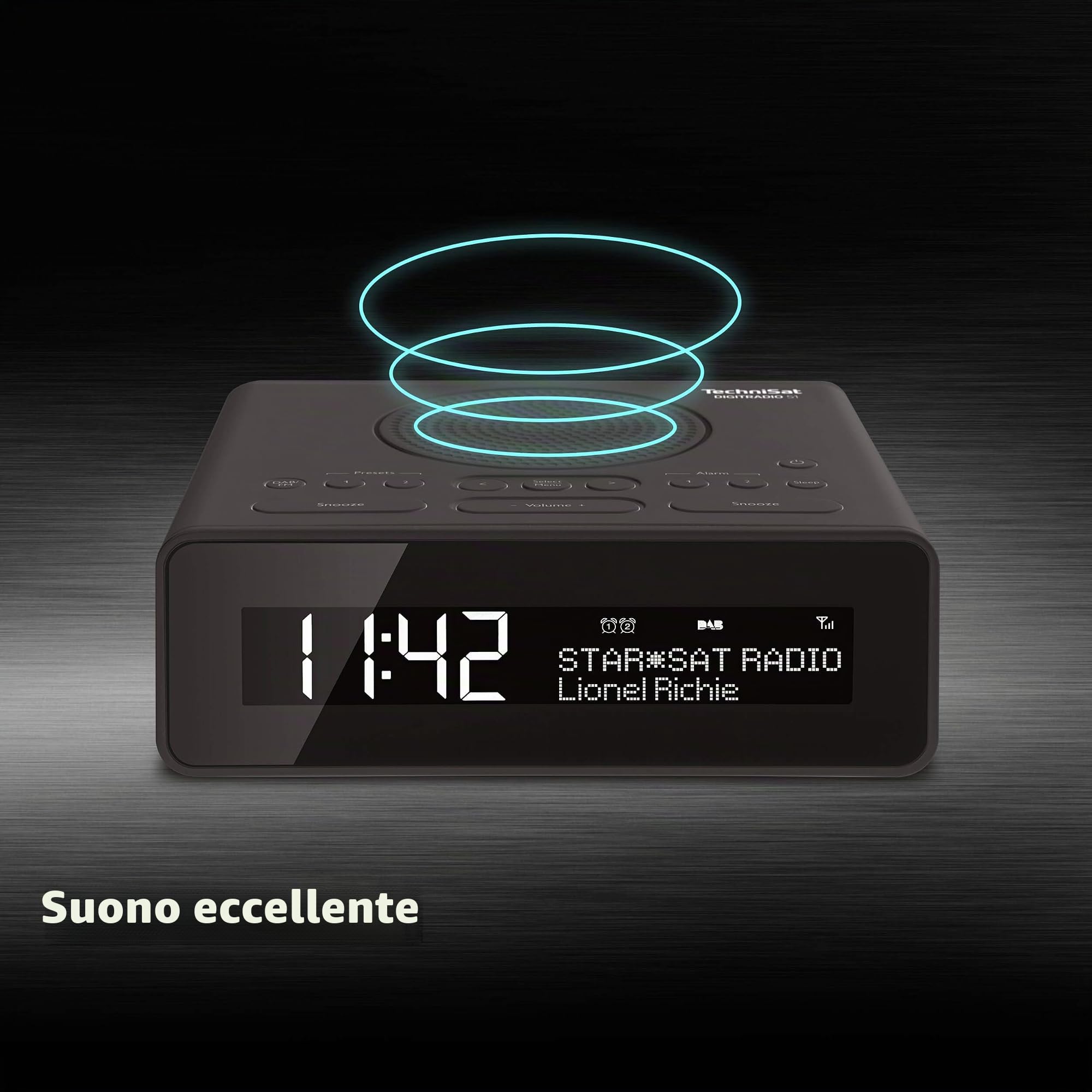TechniSat DIGITRADIO 51 - Radiosveglia DAB+ (DAB, FM, Due orari di sveglia, Funzione posponi, Timer di spegnimento, Display dimmerabile, Ingresso per cuffie), Nero