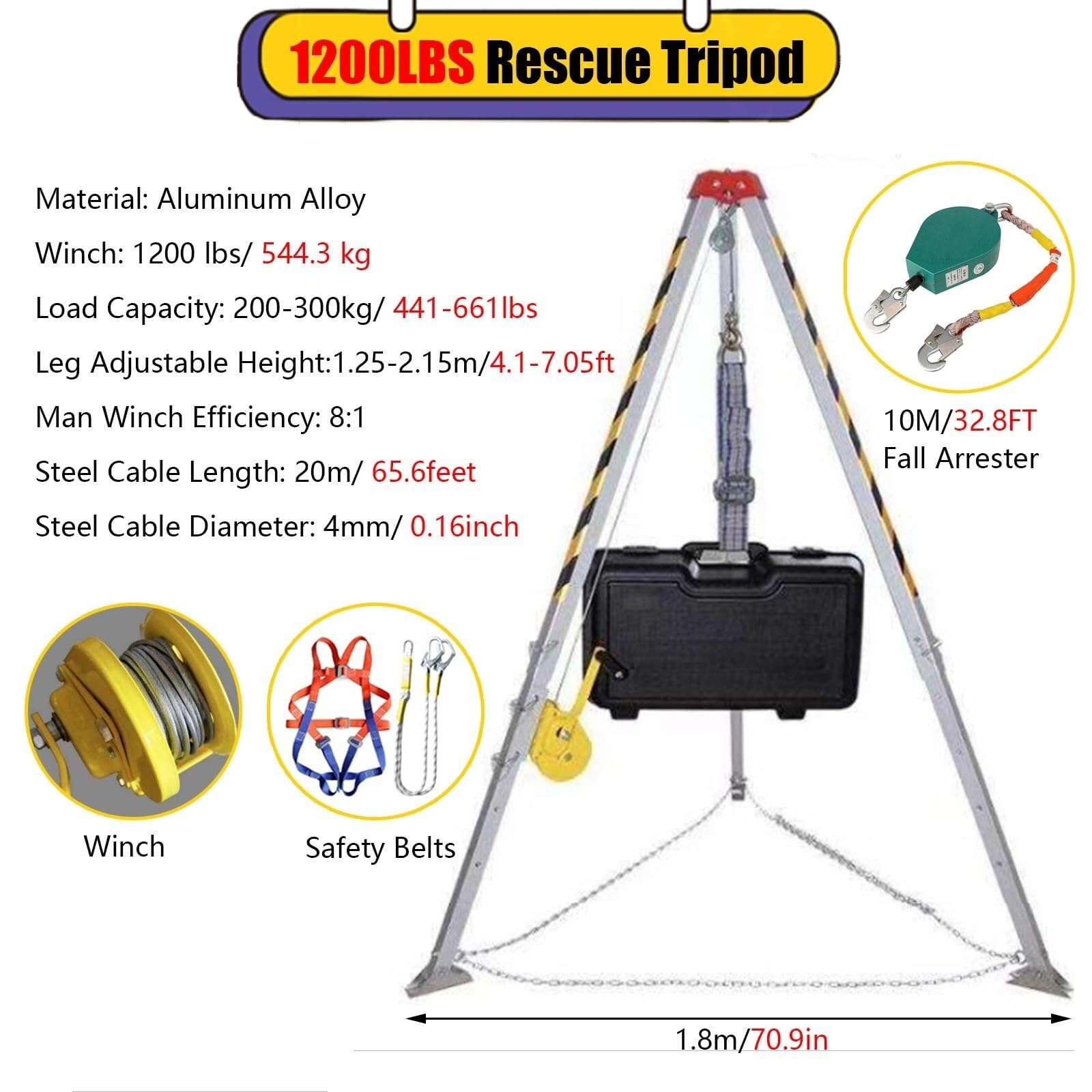 Kit trépied Robuste pour espaces confinés avec treuil détachable de 1200/1800/2600 LB, Hauteur réglable, pour Le Levage et Les travaux de plomberie/égouts, Comprend Un treuil de 1200 LB.