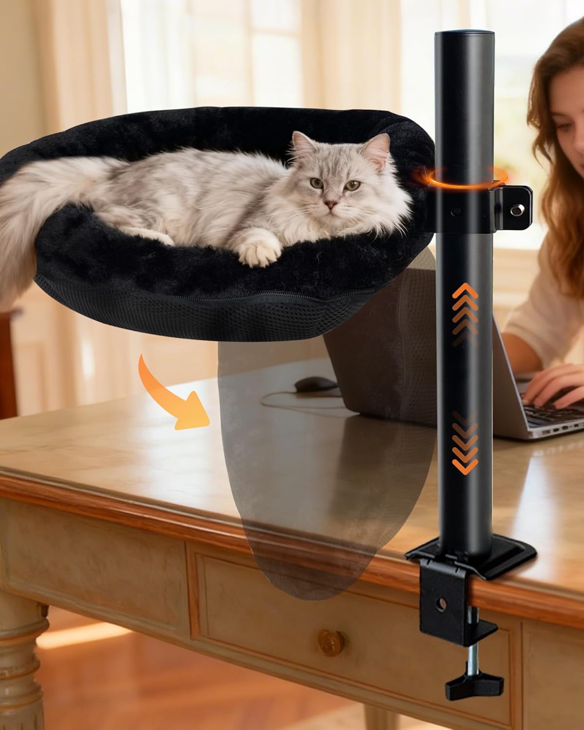 L&W BROS. Cat Desk Bed, 20.5"x18.5" Foldable Clamp-On Desk Cat Hammock for Large Cats, 50lb Capacity Space-Saving Desk Cat Perch with Washable Plush Fleece Cover for Gaming & Office Desk