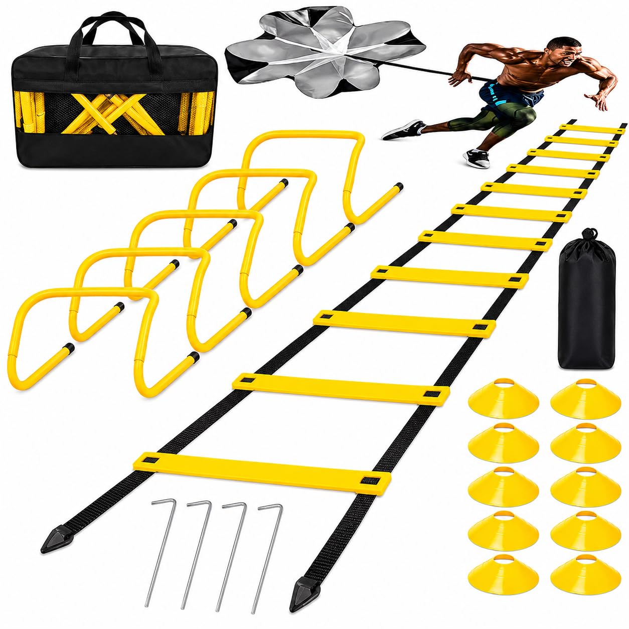 Fussball Trainingszubehör Koordinationsleiter, Agility Set mit Markierungen & Widerstandsschirm, PVC, Gelb, für Sportler