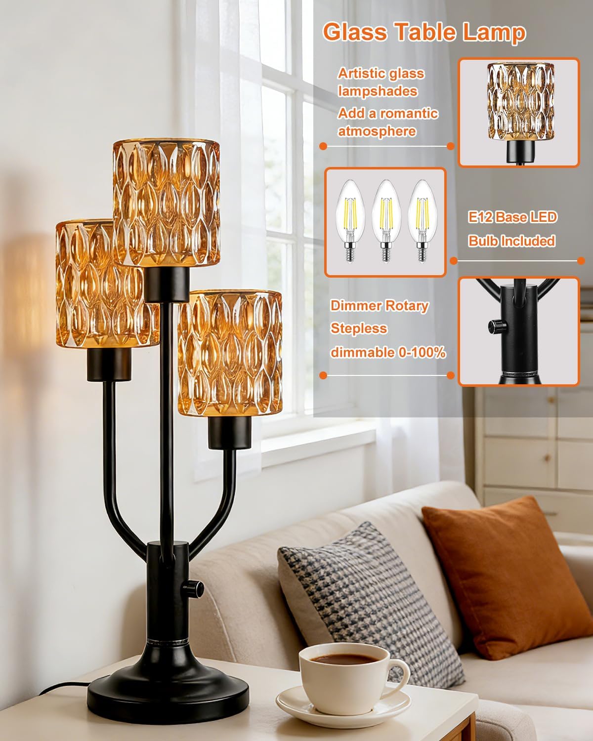 Lightdot Modern Glass Table Lamp Dimmable Mid Century Black Desk Lamp with Thickened Amber Glass 3 Bulbs Included 3000K Warmwhite Nightstand Lamp for Bedroom Bedside End Table