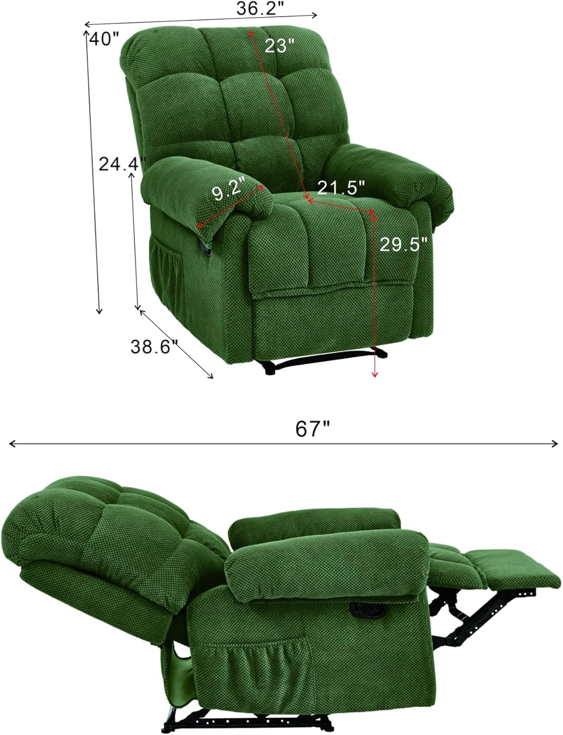 Overstuffed Recliner Chair – Ergonomic Lounge Chair with Padded Footrest & Soft Fabric Upholstery for Living Room Seating, Reading Chair, and Home Theater Seating(Army Green)