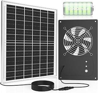 Solar Fan with Battery 15000 mAh and Timer - 25W Powered Exhaust Fan High Wind Speed Rainproof for Outdoor Greenhouse, Chicken Coop, Doghouses, Shed, Vent, Windows