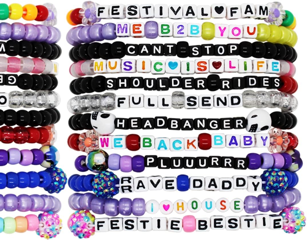 kandi bar EDM Life Rave Bracelets (12-Pack) | NEW 2023 EDITION | handmade PLUR accessory for music festival outfits | wear stylish colors & authentic phrases for Women, Men, & NB | every pack is unique