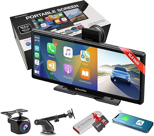 TravelPlay Pantalla táctil de 10.3 pulgadas, accesorios estéreo portátiles inalámbricos para automóvil, CarplayAndroid Auto, cámara frontal y